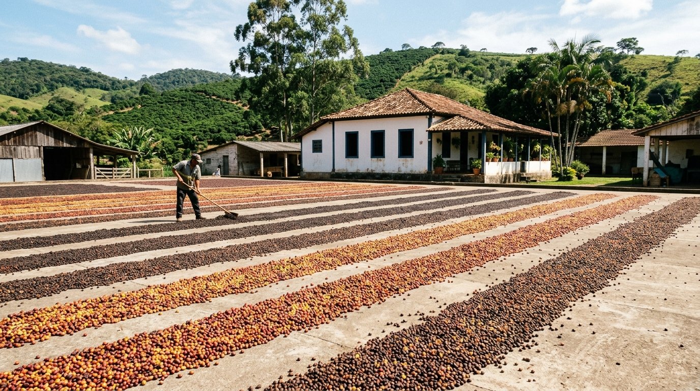 Terreiro de fazenda com café secando ao sol em diferentes estágios de secagem