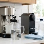 Máquina de café em processo de descalcificação com jarra sob a saída de água