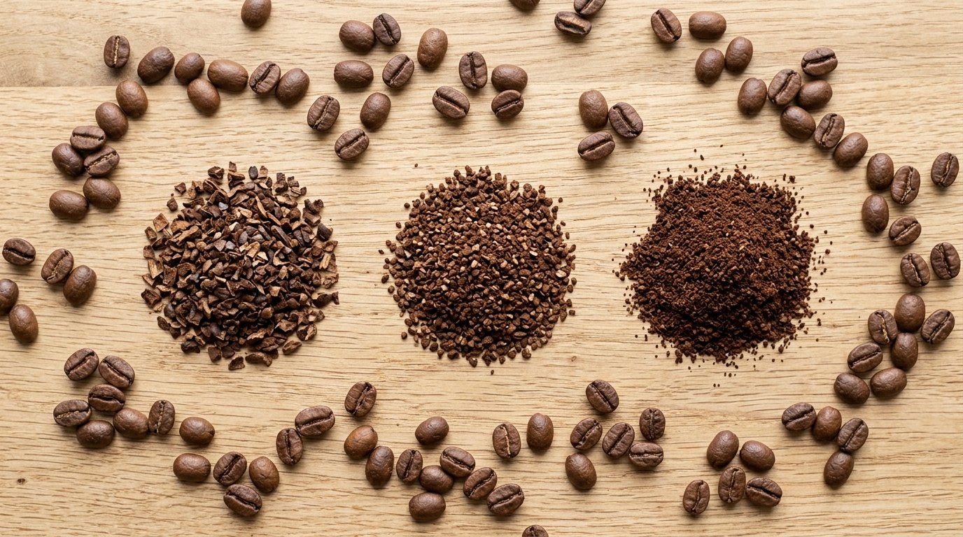 Três porções de café moído com granulometrias diferentes lado a lado sobre madeira clara