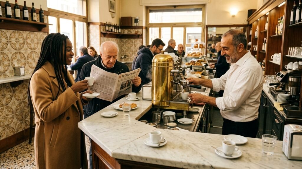 Balcão de bar italiano com clientes tomando espresso em pé e barista preparando cafés