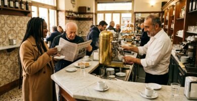 Balcão de bar italiano com clientes tomando espresso em pé e barista preparando cafés