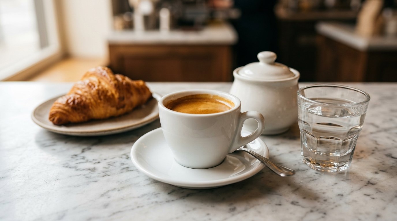 Espresso em xícara de porcelana sobre balcão de mármore com copo de água e croissant