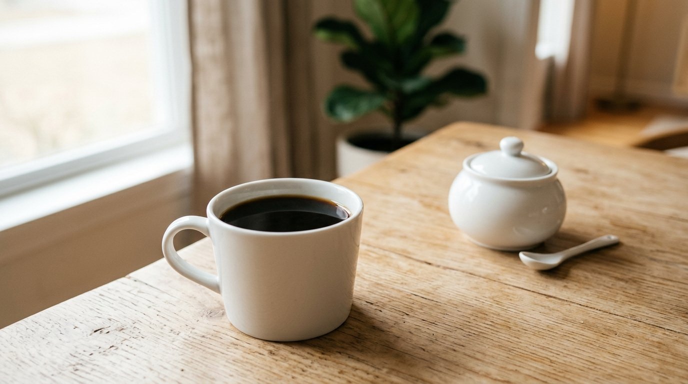 Xícara de café preto sem açúcar com açucareiro fechado afastado ao lado