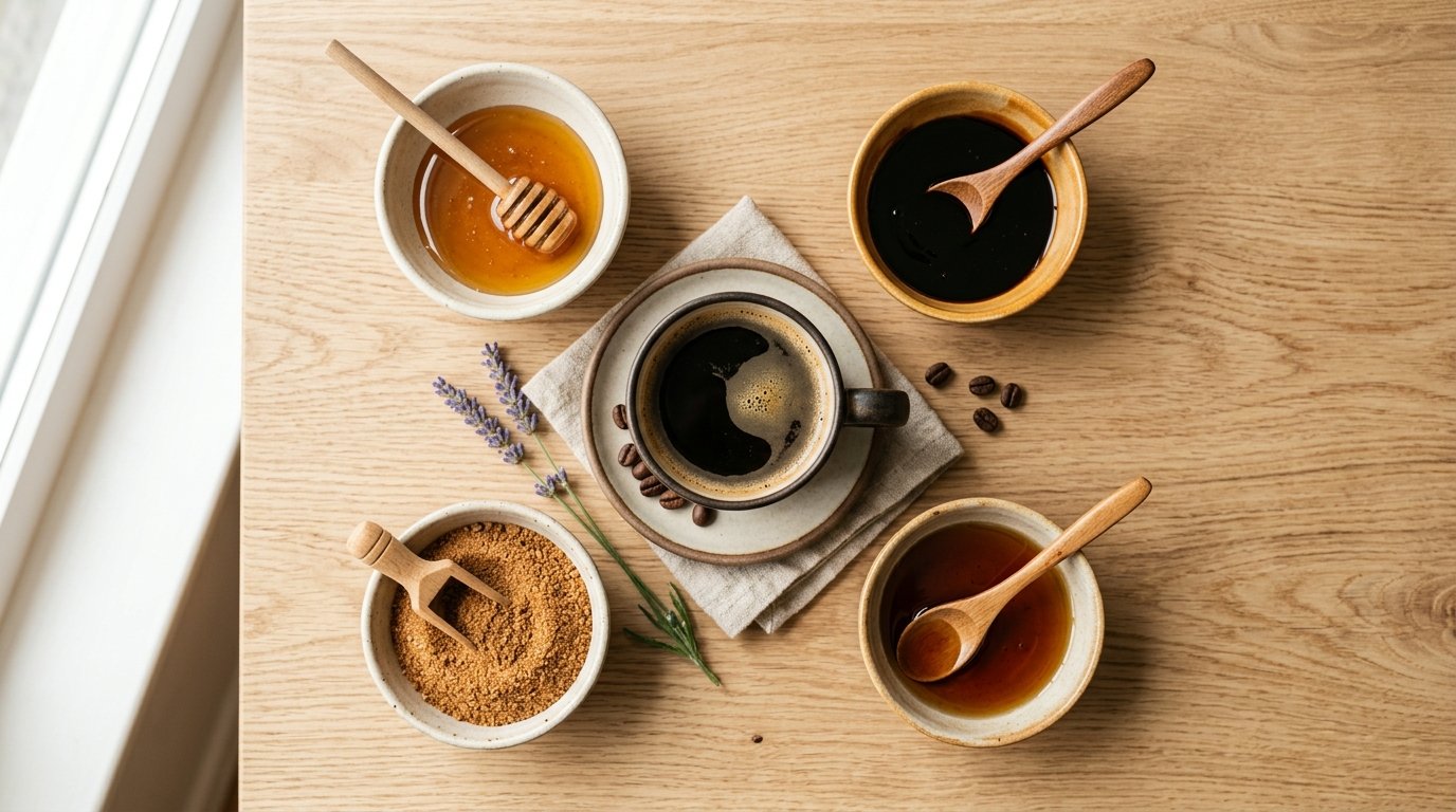 Opções naturais para adoçar em tigelinhas ao redor de uma xícara de café