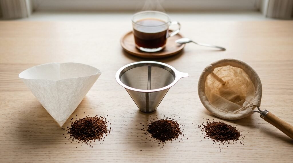 Três tipos de filtro de café lado a lado sobre madeira clara: papel, inox e pano, com café moído ao lado
