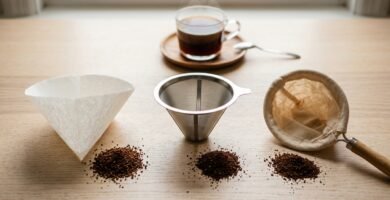Três tipos de filtro de café lado a lado sobre madeira clara: papel, inox e pano, com café moído ao lado