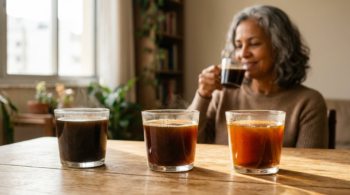 Três xícaras de vidro com cafés de transparências diferentes enfileiradas, com mulher provando ao fundo