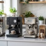 Máquinas de espresso semiautomáticas domésticas lado a lado com xícaras de espresso