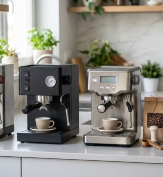 Máquinas de espresso semiautomáticas domésticas lado a lado com xícaras de espresso