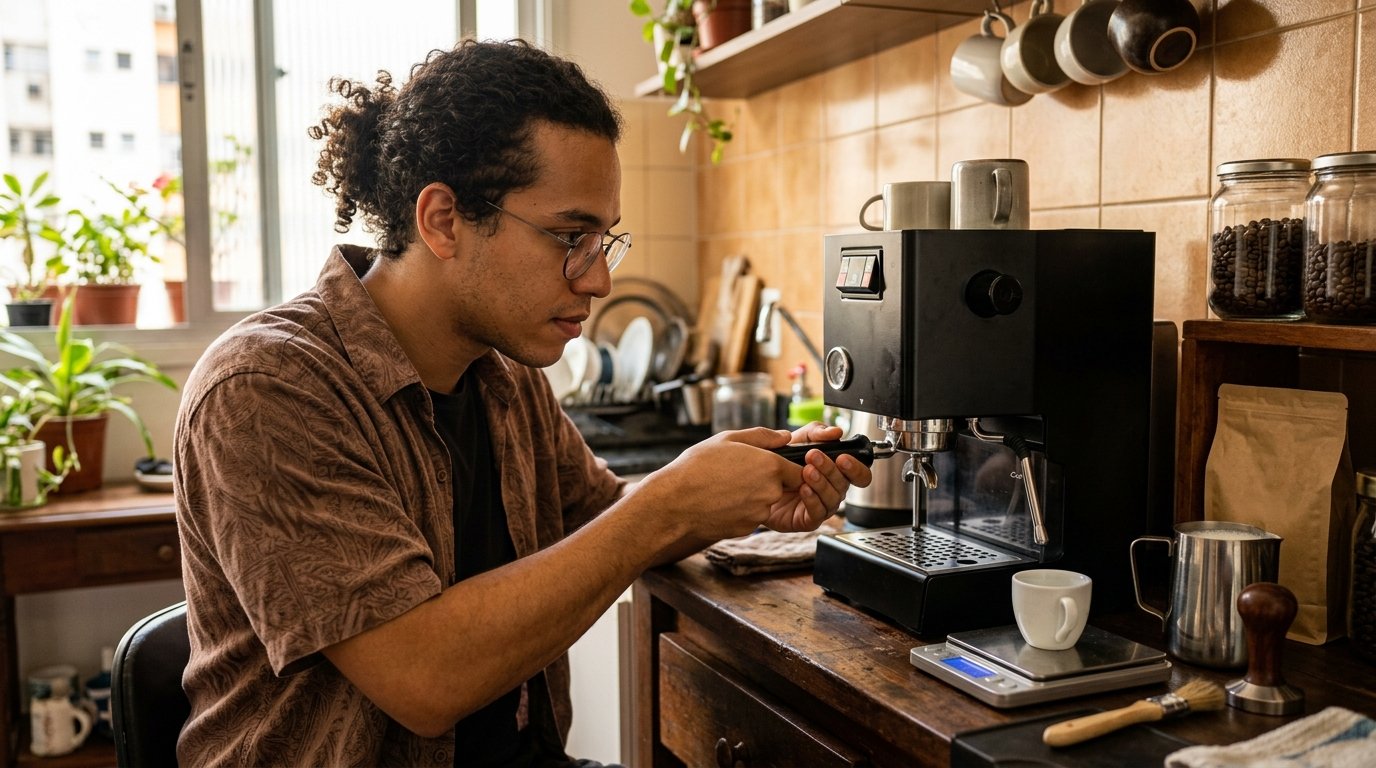 Jovem encaixando o porta-filtro numa máquina de espresso doméstica
