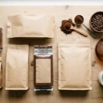 Pacotes de café moído, colher medidora e jarra de café coado sobre a mesa