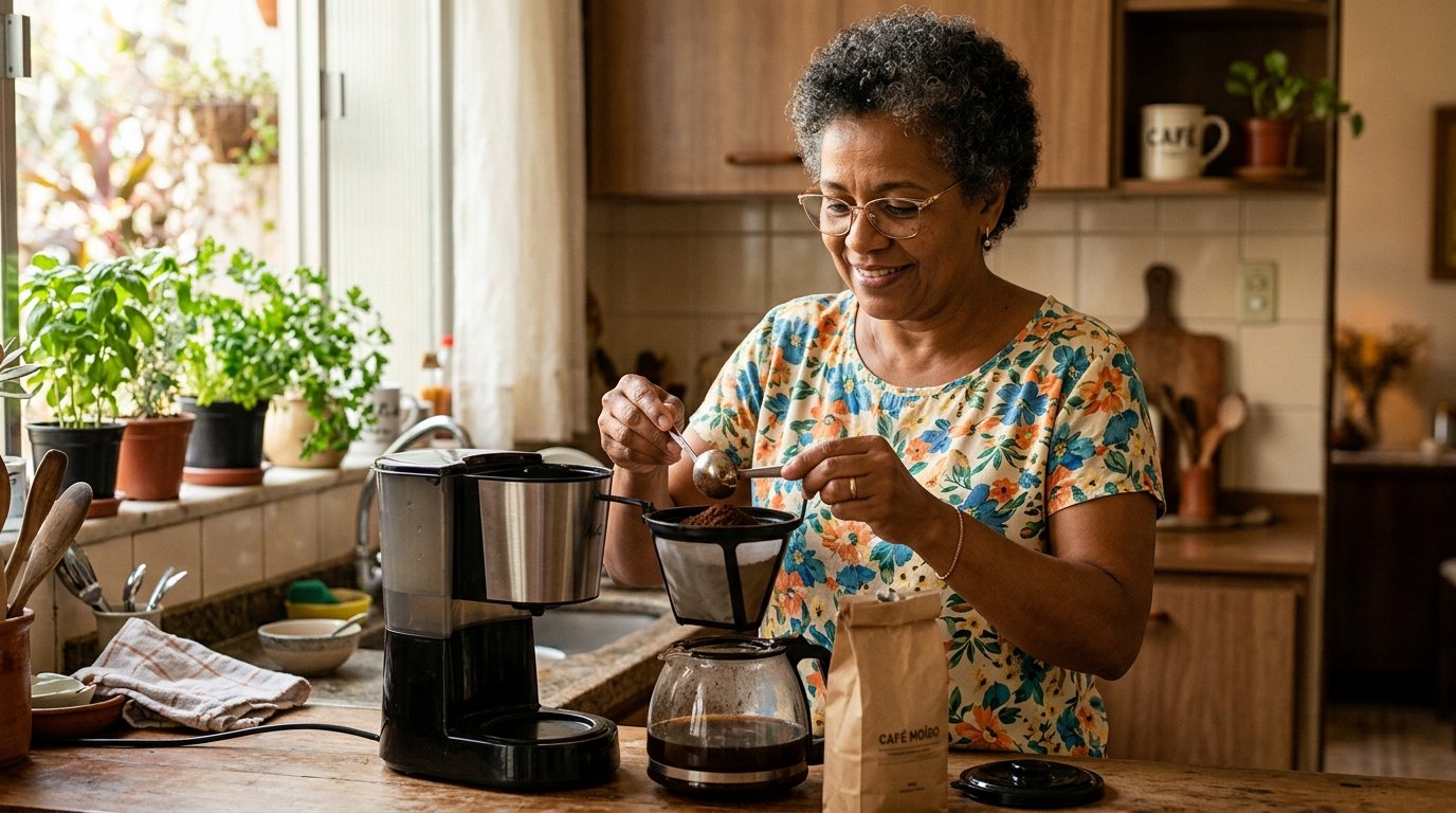 Mulher medindo café moído no cesto da cafeteira elétrica
