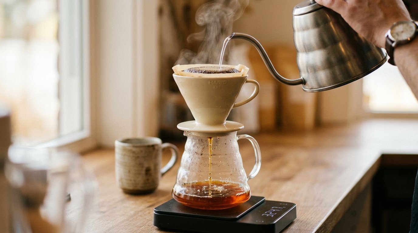 Jarra de café sobre balança digital recebendo água despejada de chaleira de bico fino