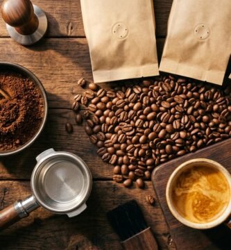 Pacotes de café em grãos, grãos torrados, porta-filtro e espressos com crema