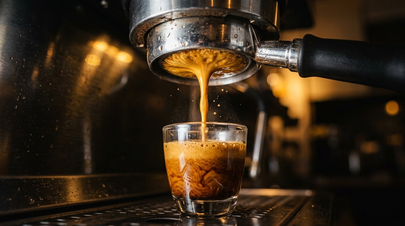 Espresso sendo extraído com fluxo cor de mel e crema dourada