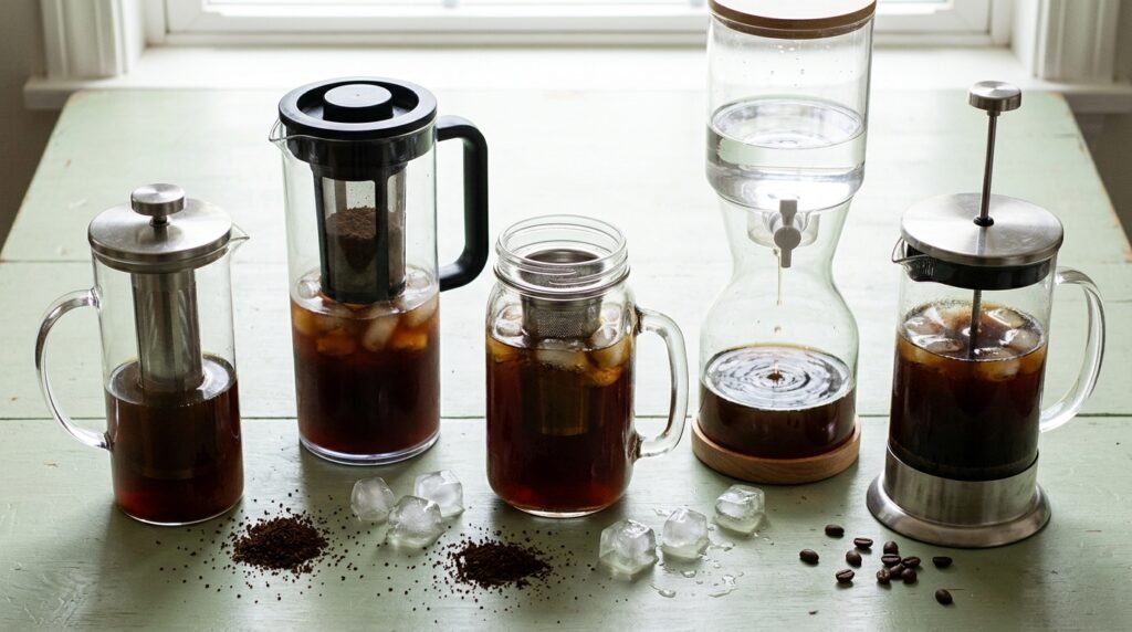 Cafeteiras e jarras de cold brew de vidro e plástico com café em infusão e cubos de gelo