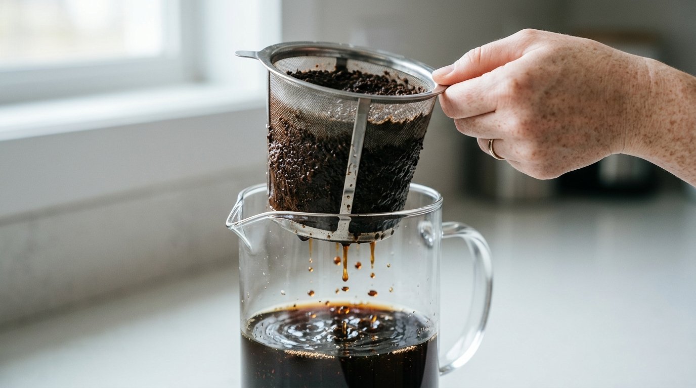 Filtro de malha com café sendo retirado de uma jarra de cold brew