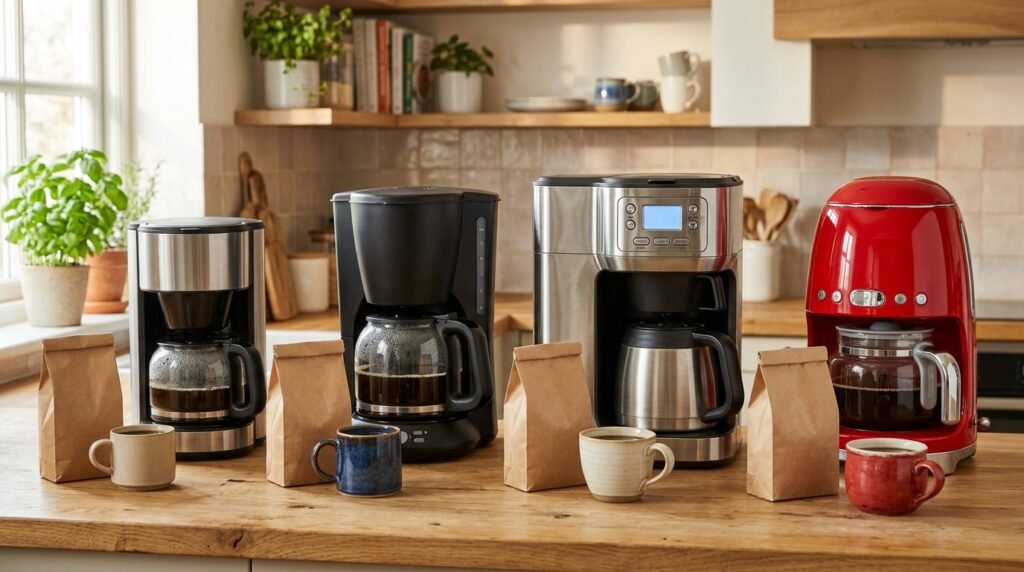 Cafeteiras elétricas de filtro com jarra de vidro e de inox lado a lado na bancada