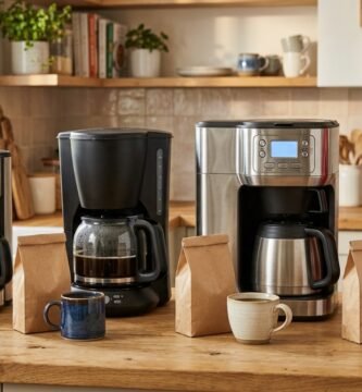 Cafeteiras elétricas de filtro com jarra de vidro e de inox lado a lado na bancada