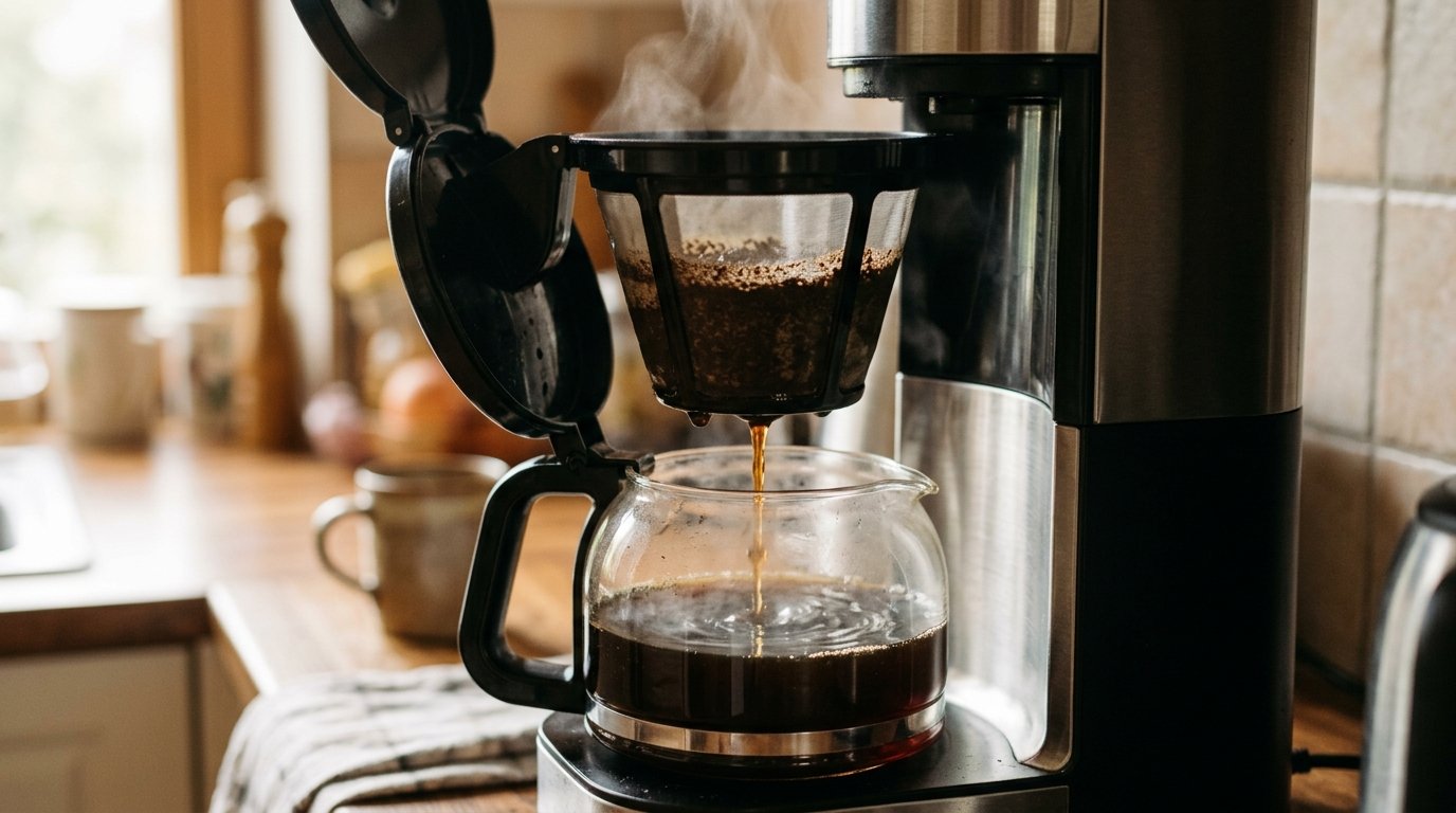 Cesto de cafeteira elétrica com filtro permanente e café passando para a jarra