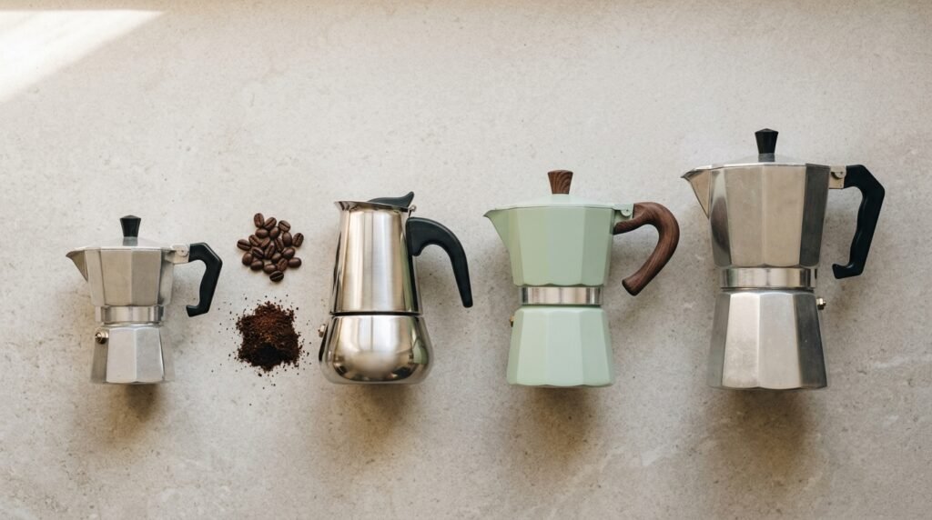 Cafeteiras italianas de alumínio, inox e colorida lado a lado com grãos de café
