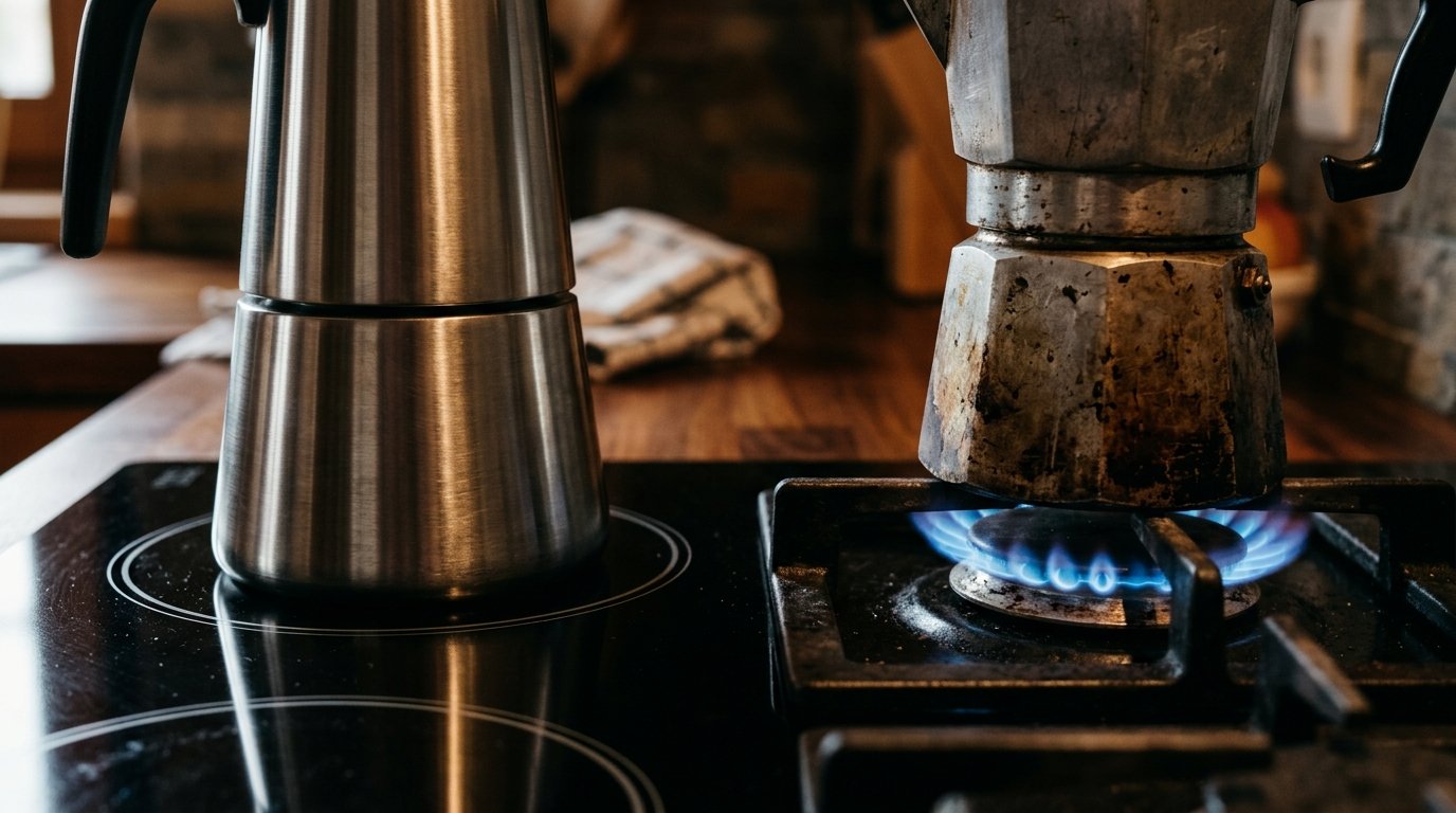 Cafeteira italiana de inox em fogão de indução ao lado de uma de alumínio no fogão a gás