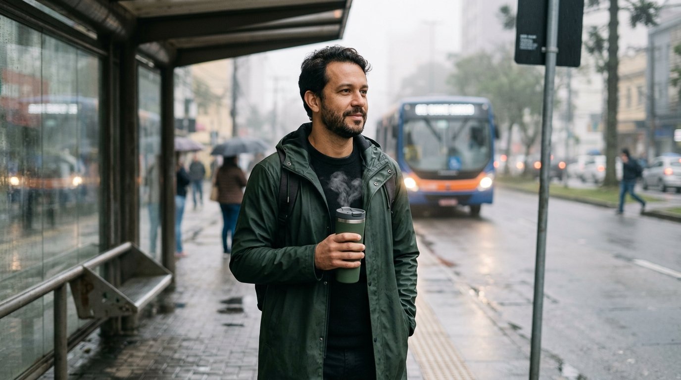 Homem num ponto de ônibus em manhã fria segurando caneca térmica de café com tampa
