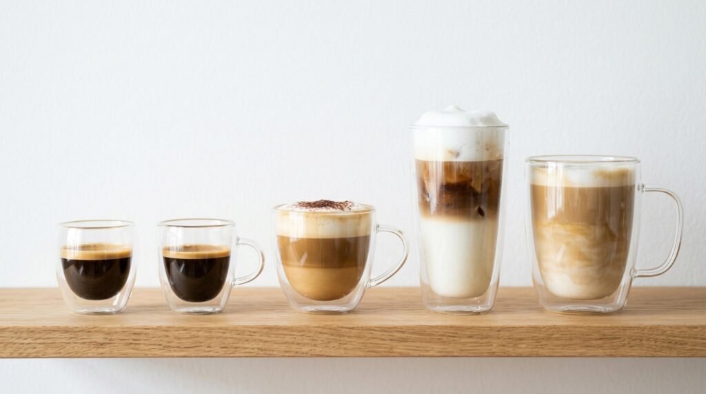 Copos e xícaras de vidro de parede dupla com espresso, cappuccino e café gelado