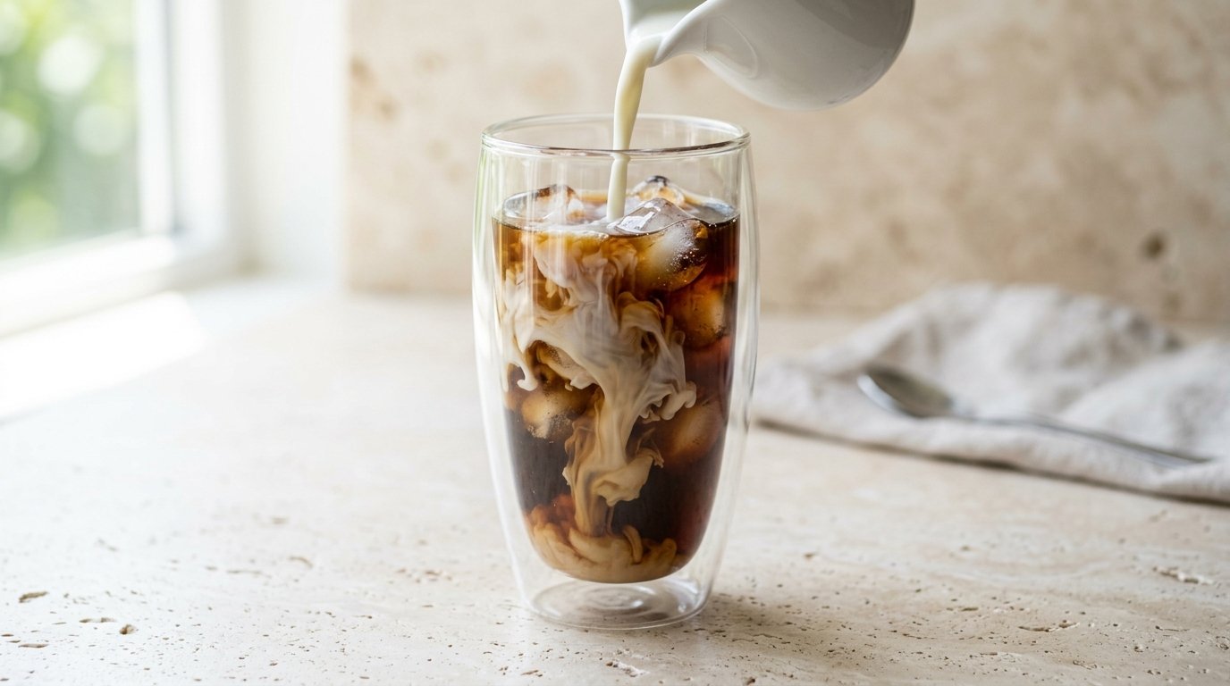 Leite formando nuvens dentro de um copo de parede dupla com cold brew e gelo