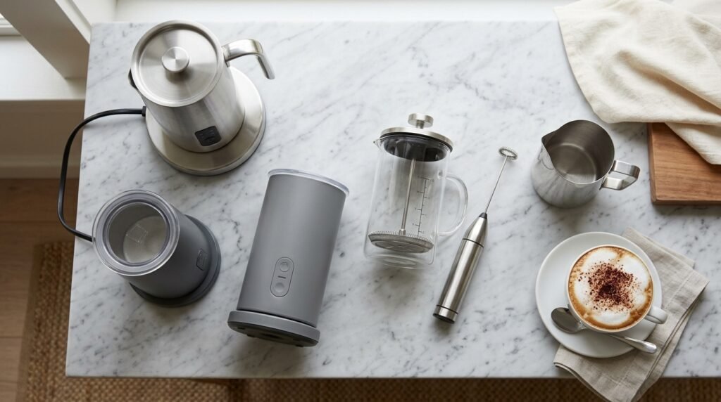 Espumadores de leite elétricos, manual, mini mixer e jarra de inox ao lado de um cappuccino