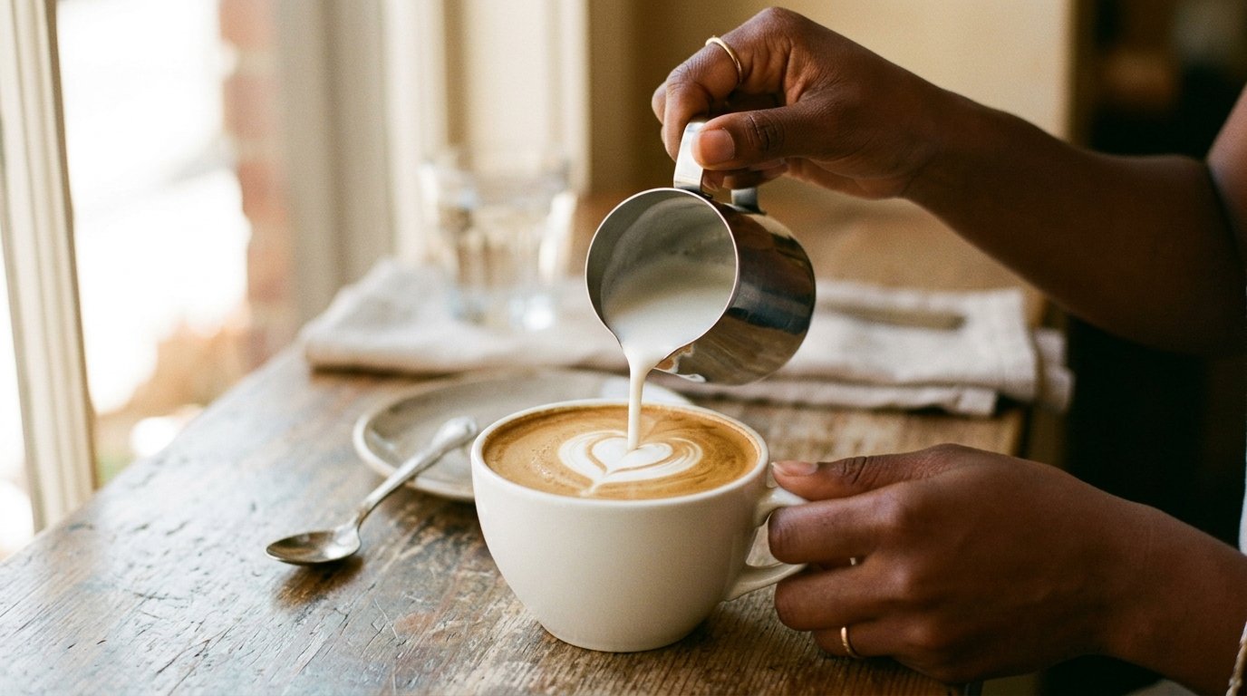 Leite espumado sendo despejado na xícara de cappuccino formando um coração