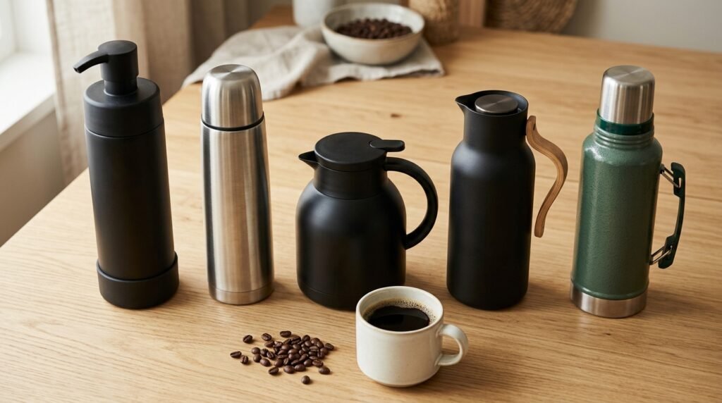 Garrafas térmicas para café de pressão, inox, bule e estilo nórdico lado a lado