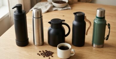 Garrafas térmicas para café de pressão, inox, bule e estilo nórdico lado a lado