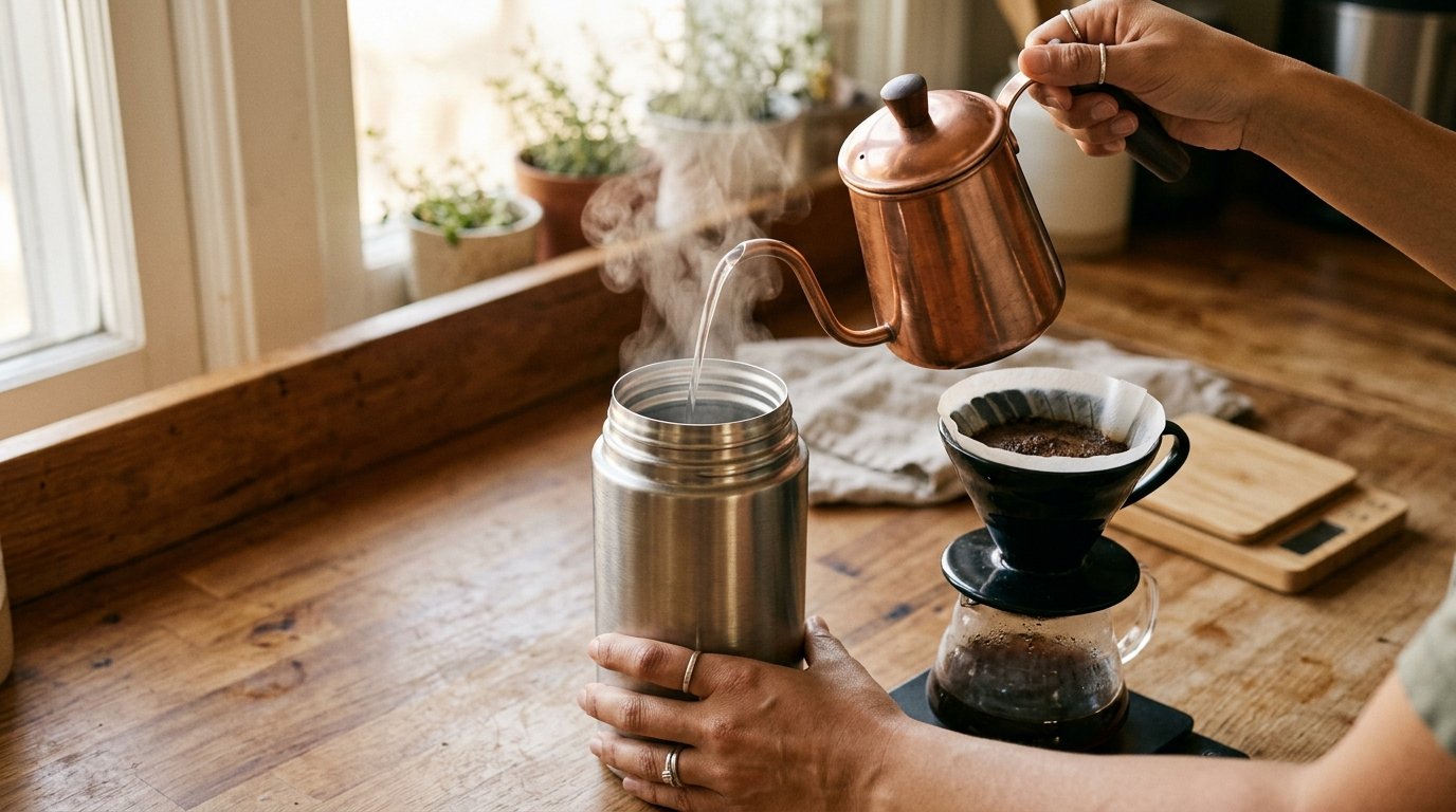 Mãos despejando água quente na garrafa térmica para pré-aquecer antes de colocar o café