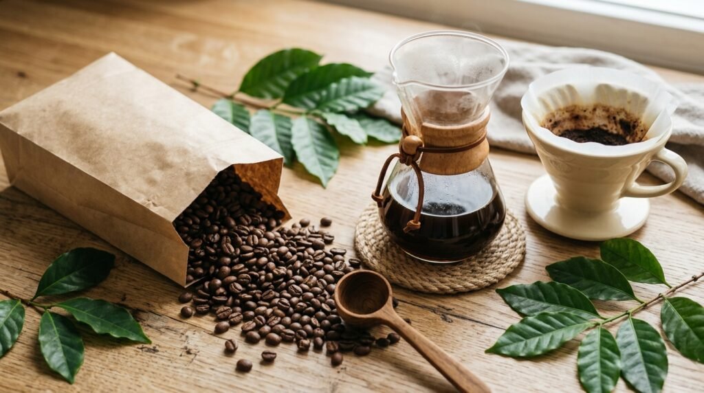 Grãos de café orgânico saindo de saco de papel kraft ao lado de coador e jarra de café coado