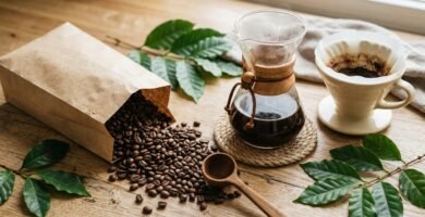 Grãos de café orgânico saindo de saco de papel kraft ao lado de coador e jarra de café coado