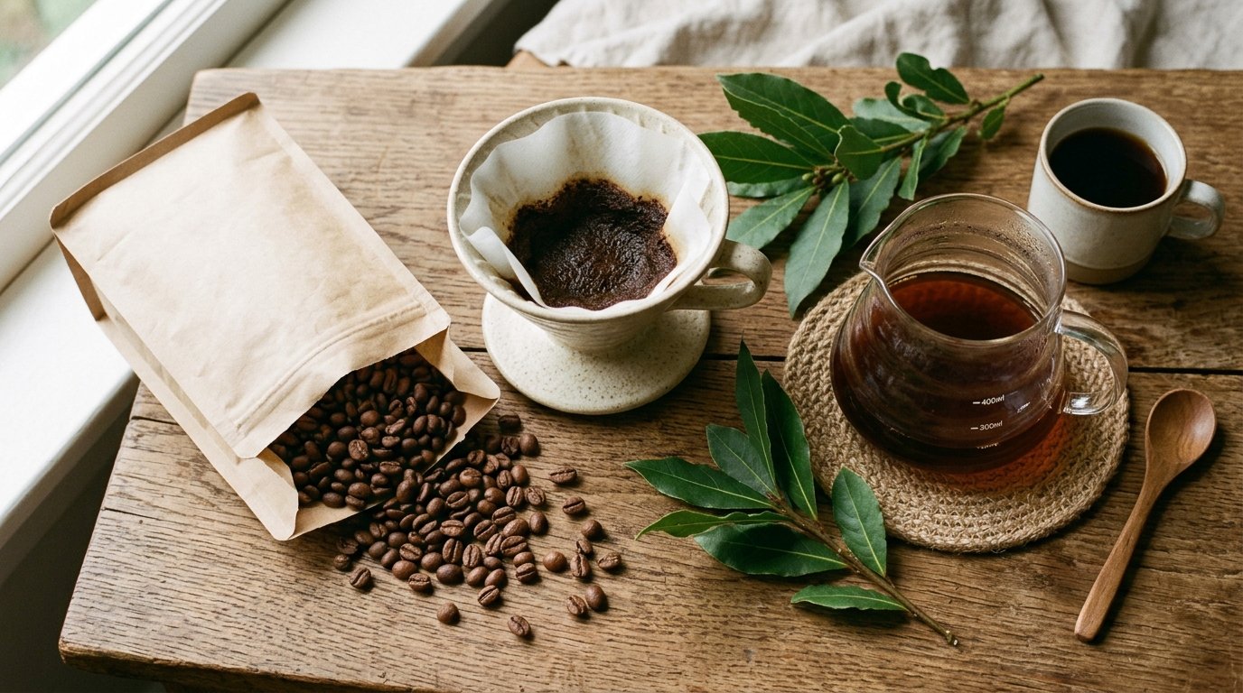 Grãos de café orgânico em saco kraft ao lado de coador de cerâmica e jarra de café