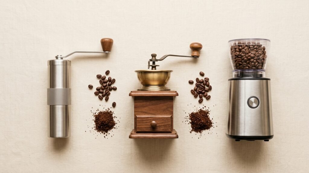 Moedores de café manuais e elétricos alinhados sobre superfície clara com grãos e café moído