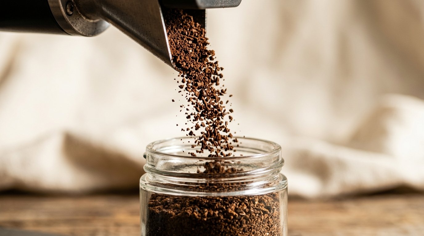 Café recém-moído caindo do moedor em recipiente de vidro, com partículas de tamanho uniforme visíveis