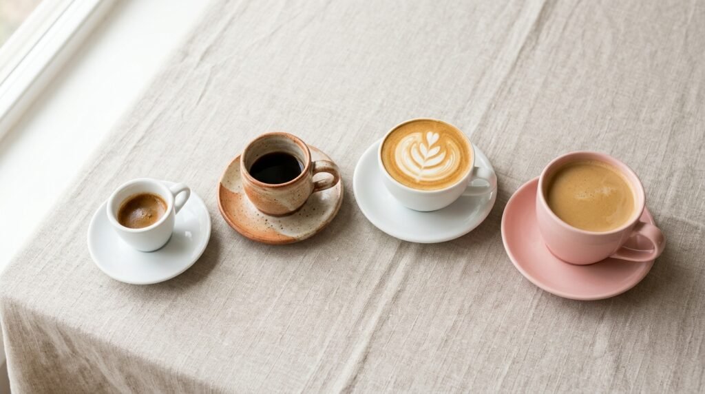 Xícaras de espresso, cerâmica, cappuccino e tulipa com pires dispostas sobre toalha de linho