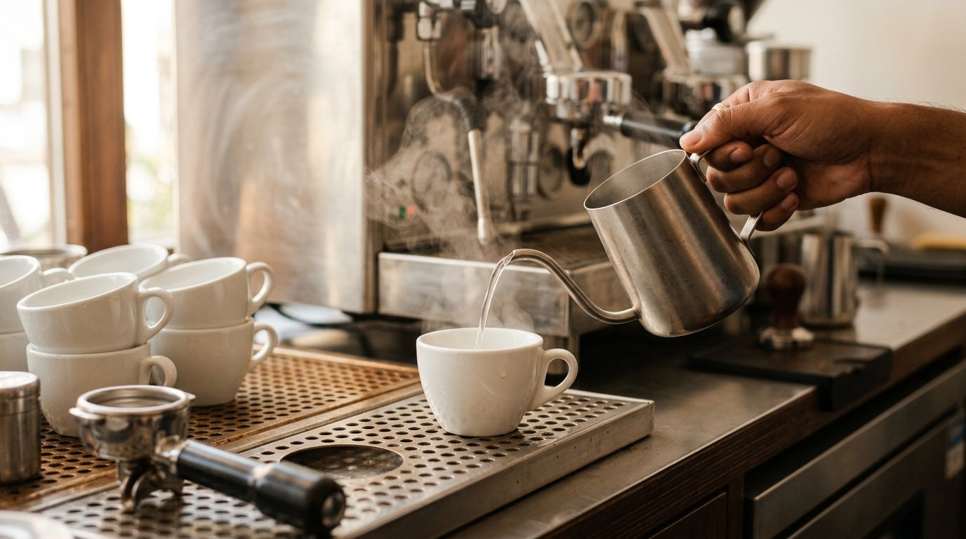 Mão despejando água quente em xícara de porcelana para pré-aquecer antes de servir o espresso