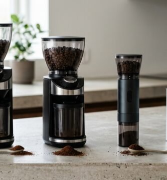 Moedores de café elétricos de mó cônica de bancada e portáteis com grãos e café moído