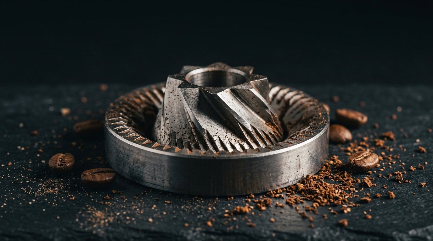 Detalhe da mó cônica de aço de um moedor de café com grãos e pó ao redor