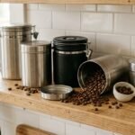 Potes herméticos de inox para café com válvula e grãos na prateleira da cozinha