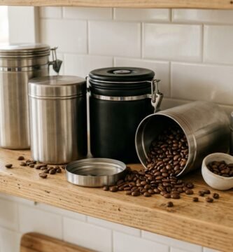 Potes herméticos de inox para café com válvula e grãos na prateleira da cozinha