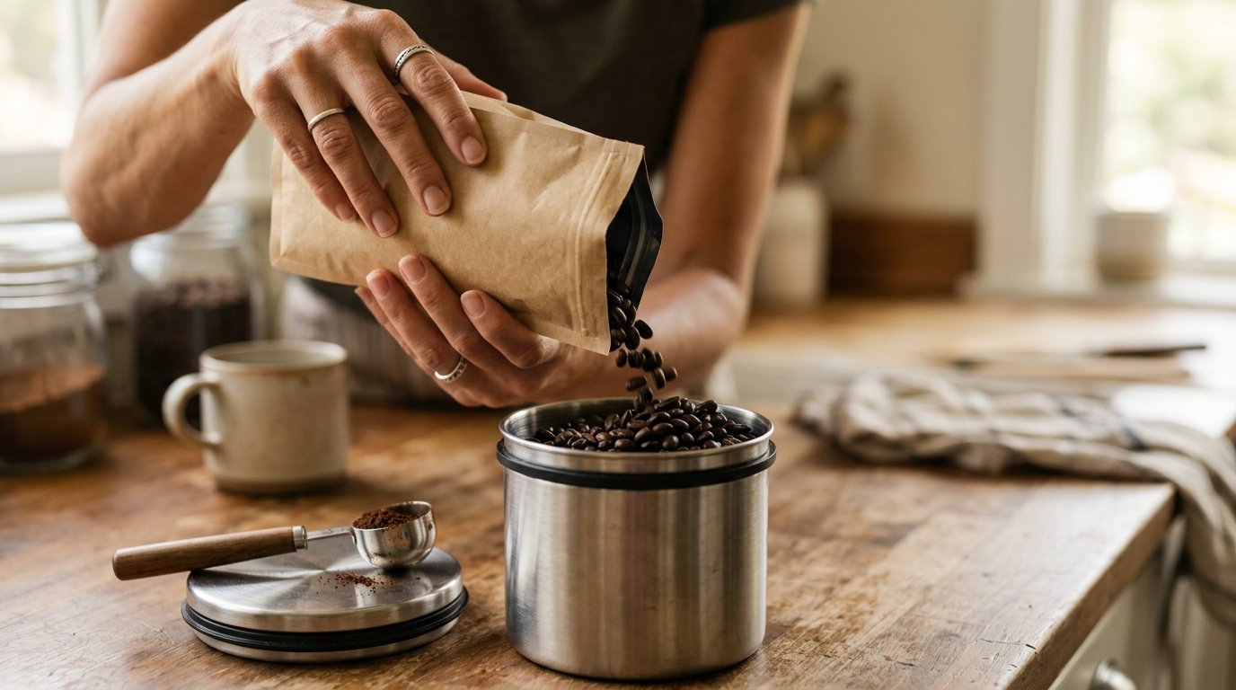 Mãos transferindo grãos de café do pacote para um pote hermético de inox