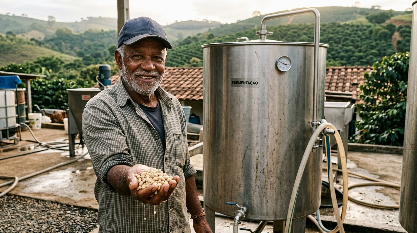 Produtor de café mostrando grãos em pergaminho ao lado do tanque de fermentação
