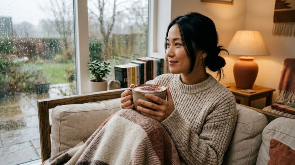 Mulher nipo-brasileira enrolada em manta segurando caneca de mocha num dia frio