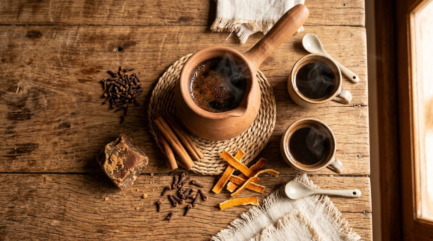 Café de panela com canela, cravo, rapadura e casca de laranja sobre mesa de madeira