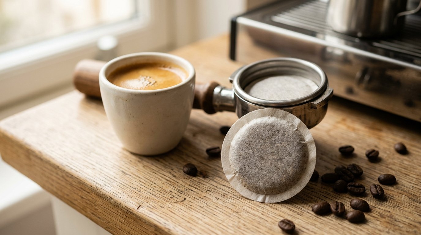 Sachê ESE de papel ao lado de porta-filtro aberto e xícara de espresso sobre bancada clara